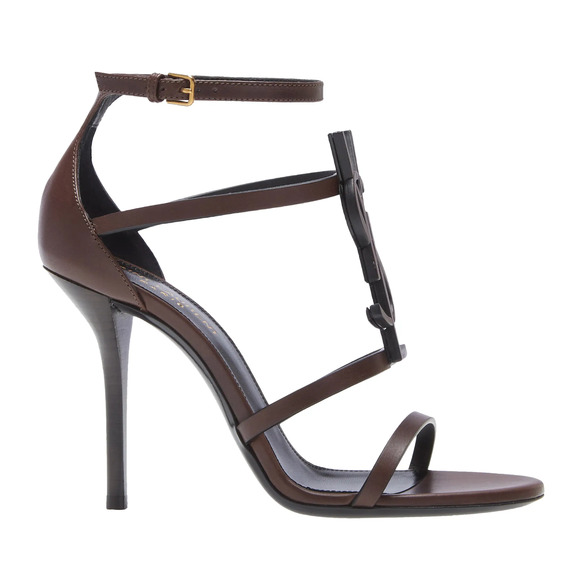 Saint Laurent Cassandra Tmoro Brown Leather YSL Logo Strappy Sandal Heel Pump 37 - Picture 3 of 15